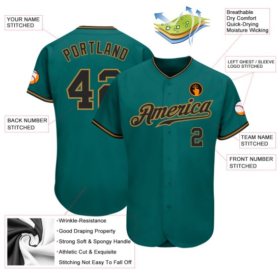 Teal Jersey Gold Authentic Baseball Schwarz-Old Custom Teal Jersey Gold Authentic Baseball Schwarz-Old Custom
