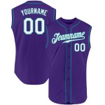 Weiß-Blaugrün Authentic Custom Jersey Baseball Lila Ärmellos Weiß-Blaugrün Authentic Custom Jersey Baseball Lila Ärmellos