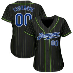 Custom Pinstripe Schwarz Authentic Royal-Weiß Baseball Jersey Neongrün