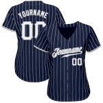 Benutzerdefiniertes authentisches Baseball-Trikot mit marineblauen und weißen Nadelstreifen in Weiß und Grau