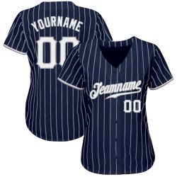 Benutzerdefiniertes authentisches Baseball-Trikot mit marineblauen und weißen Nadelstreifen in Weiß und Grau