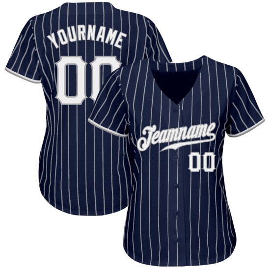 Benutzerdefiniertes authentisches Baseball-Trikot mit marineblauen und weißen Nadelstreifen in Weiß und Grau