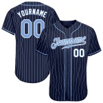 Benutzerdefiniertes authentisches Baseball-Trikot mit Nadelstreifen in Marineblau und Weiß, Hellblau-Weiß Benutzerdefiniertes authentisches Baseball-Trikot mit Nadelstreifen in Marineblau und Weiß, Hellblau-Weiß