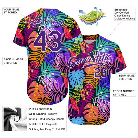 Benutzerdefiniertes weißes lila-weißes 3D-Musterdesign Hawaii-Palmen authentisches Baseball-Trikot