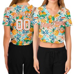 Baseball Jersey Cropped Fruits Weiß Custom Damen V-Ausschnitt 3D Weiß-Orange