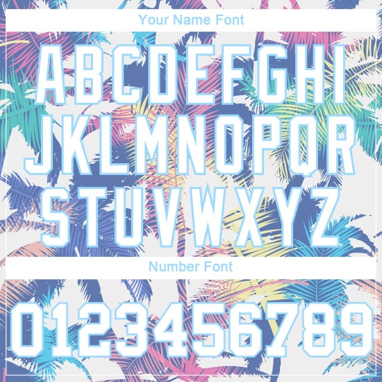 Weißes V-Ausschnitt Cropped 3D Bäume Palm Custom Weiß-Hellblau Hawaii Damen Baseball Jersey Weißes V-Ausschnitt Cropped 3D Bäume Palm Custom Weiß-Hellblau Hawaii Damen Baseball Jersey