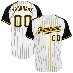 Benutzerdefinierte weiß schwarz Nadelstreifen schwarz-gold authentische Raglan Ärmel Baseball Jersey
