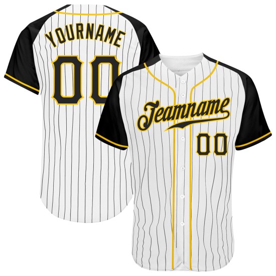 Benutzerdefinierte weiß schwarz Nadelstreifen schwarz-gold authentische Raglan Ärmel Baseball Jersey Benutzerdefinierte weiß schwarz Nadelstreifen schwarz-gold authentische Raglan Ärmel Baseball Jersey