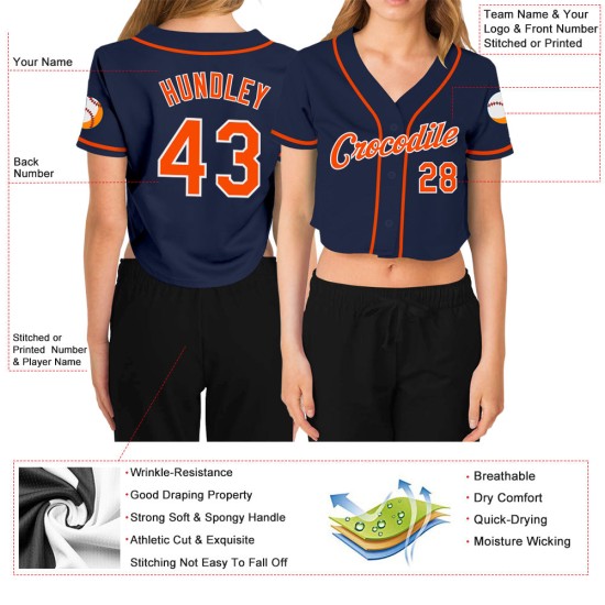 Orange-Weiß Baseball Jersey Custom V-Ausschnitt Cropped Navy Damen