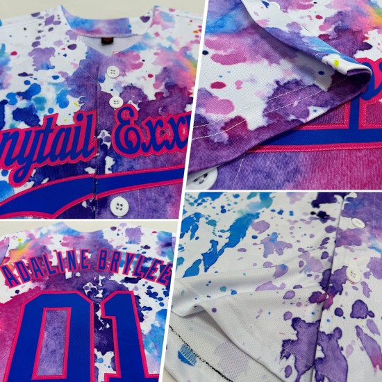 Benutzerdefiniertes weißes Royal-Pink 3D-Muster-Design Aquarell Authentic Baseball Jersey