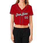 Baseball V-Ausschnitt Rot Custom Damen Cropped Weiß-Schwarz Jersey
