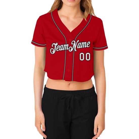 Baseball V-Ausschnitt Rot Custom Damen Cropped Weiß-Schwarz Jersey