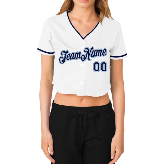 Cropped Jersey Navy-Light Damen Custom Blau Weiß Baseball V-Ausschnitt