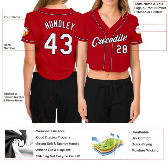 Baseball V-Ausschnitt Rot Custom Damen Cropped Weiß-Schwarz Jersey