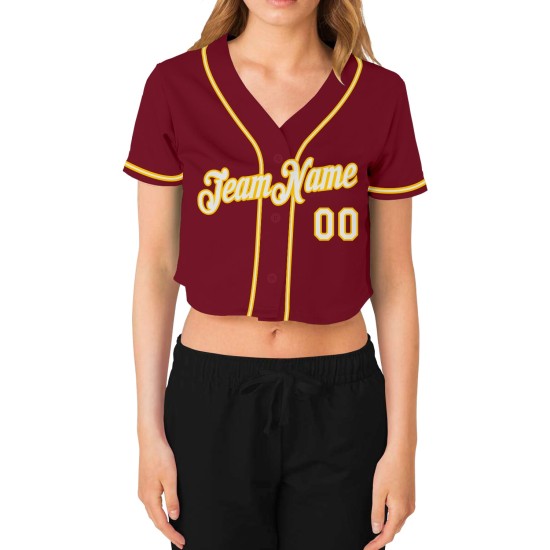 Jersey Weiß-Gold Cropped Damen Custom Crimson Baseball V-Ausschnitt