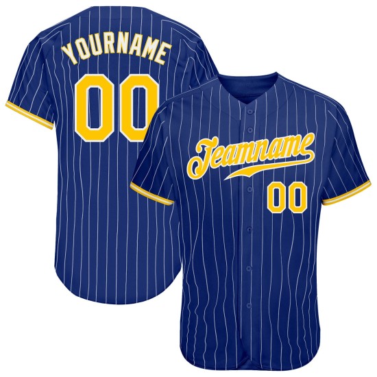 Benutzerdefinierte Royal Weiß Nadelstreifen Gold-Weiß Authentic Baseball Jersey Benutzerdefinierte Royal Weiß Nadelstreifen Gold-Weiß Authentic Baseball Jersey