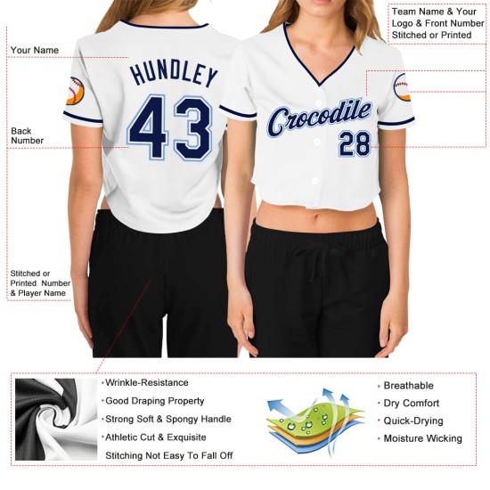 Cropped Jersey Navy-Light Damen Custom Blau Weiß Baseball V-Ausschnitt
