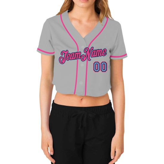 Leichte Damen Schwarz-Rosa Blau Grau Baseball Cropped Jersey Custom V-Ausschnitt