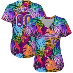Benutzerdefiniertes weißes lila-weißes 3D-Musterdesign Hawaii-Palmen authentisches Baseball-Trikot