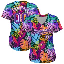 Benutzerdefiniertes weißes lila-weißes 3D-Musterdesign Hawaii-Palmen authentisches Baseball-Trikot