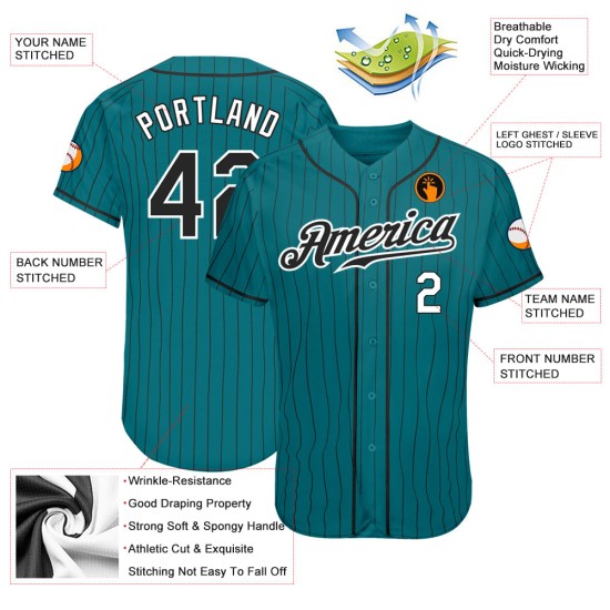 Benutzerdefiniertes Teal Black Pinstripe Schwarz-Weiß Authentic Baseball Jersey