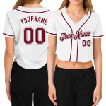 Beschnittenes Baseballtrikot für Damen mit V-Ausschnitt, Weiß, Karminrot und Grau