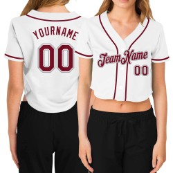 Beschnittenes Baseballtrikot für Damen mit V-Ausschnitt, Weiß, Karminrot und Grau
