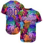 Benutzerdefiniertes weißes lila-weißes 3D-Musterdesign Hawaii-Palmen authentisches Baseball-Trikot