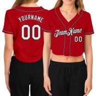 Baseball V-Ausschnitt Rot Custom Damen Cropped Weiß-Schwarz Jersey