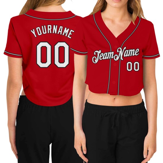 Baseball V-Ausschnitt Rot Custom Damen Cropped Weiß-Schwarz Jersey