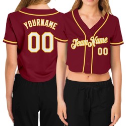 Jersey Weiß-Gold Cropped Damen Custom Crimson Baseball V-Ausschnitt