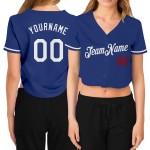 V-Ausschnitt Jersey Baseball Damen Royal Weiß-Rot Cropped Custom