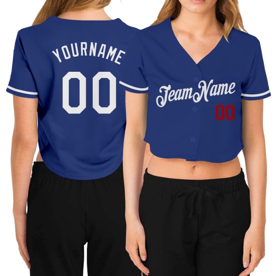 V-Ausschnitt Jersey Baseball Damen Royal Weiß-Rot Cropped Custom