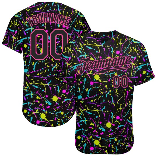 Benutzerdefinierte Graffiti Muster Schwarz-Rosa 3D Neon Splatter Authentic Baseball Jersey Benutzerdefinierte Graffiti Muster Schwarz-Rosa 3D Neon Splatter Authentic Baseball Jersey