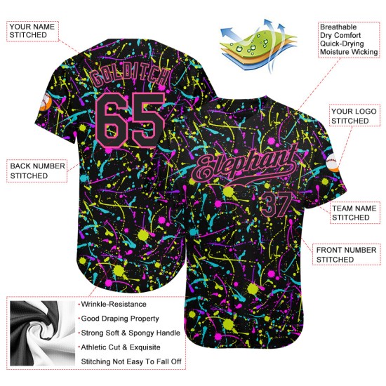 Benutzerdefinierte Graffiti Muster Schwarz-Rosa 3D Neon Splatter Authentic Baseball Jersey Benutzerdefinierte Graffiti Muster Schwarz-Rosa 3D Neon Splatter Authentic Baseball Jersey