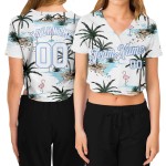 Jersey Weiß-Licht Custom V-Ausschnitt Damen Baseball Blau Cropped Weiß 3D Palm Hawaii Bäume