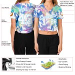 Weißes V-Ausschnitt Cropped 3D Bäume Palm Custom Weiß-Hellblau Hawaii Damen Baseball Jersey Weißes V-Ausschnitt Cropped 3D Bäume Palm Custom Weiß-Hellblau Hawaii Damen Baseball Jersey