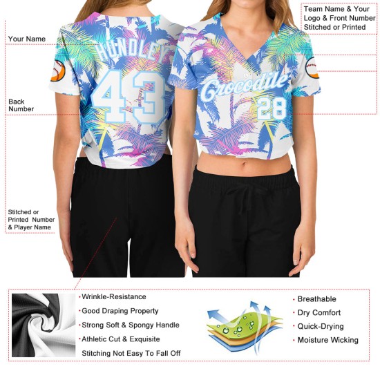 Weißes V-Ausschnitt Cropped 3D Bäume Palm Custom Weiß-Hellblau Hawaii Damen Baseball Jersey Weißes V-Ausschnitt Cropped 3D Bäume Palm Custom Weiß-Hellblau Hawaii Damen Baseball Jersey