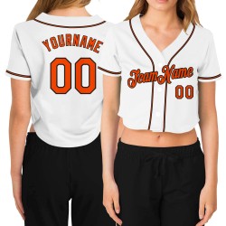Beschnittenes Baseball Custom Damen Weiß Jersey Orange-Schwarz V-Ausschnitt