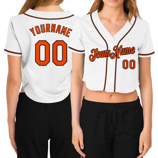 Beschnittenes Baseball Custom Damen Weiß Jersey Orange-Schwarz V-Ausschnitt