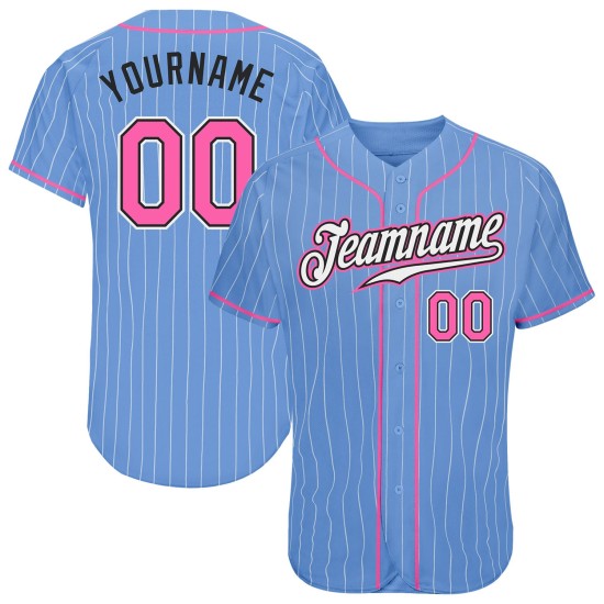 Benutzerdefinierte Hellblau Weiß Nadelstreifen Pink-Schwarz Authentic Baseball Jersey Benutzerdefinierte Hellblau Weiß Nadelstreifen Pink-Schwarz Authentic Baseball Jersey