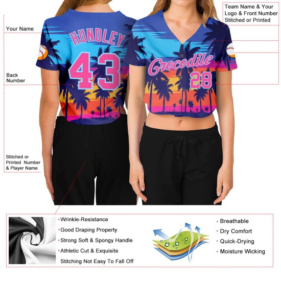 Bäume Custom Royal Hawaii Jersey 3D Damen Pink-Light Cropped V-Ausschnitt Blau Palm Baseball