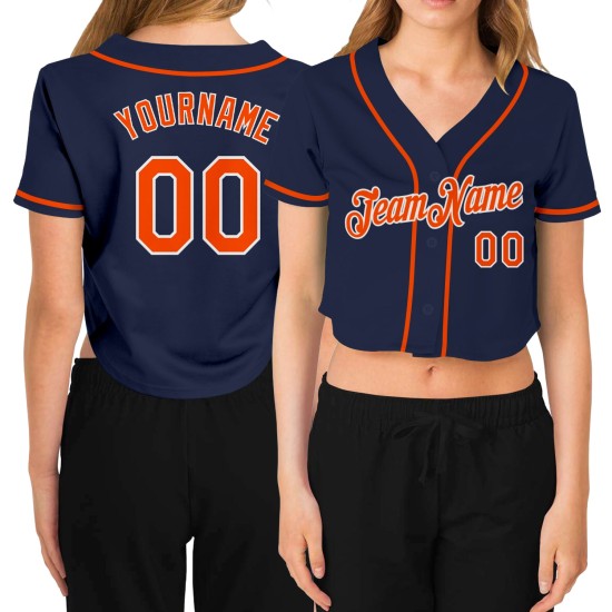 Orange-Weiß Baseball Jersey Custom V-Ausschnitt Cropped Navy Damen
