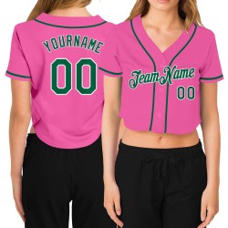 Baseball Damen Trikot V-Ausschnitt Kelly Custom Cropped Grün-Weiß Rosa