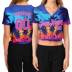 Bäume Custom Royal Hawaii Jersey 3D Damen Pink-Light Cropped V-Ausschnitt Blau Palm Baseball