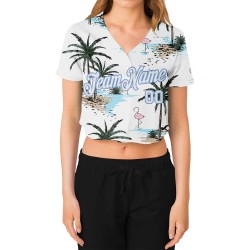 Jersey Weiß-Licht Custom V-Ausschnitt Damen Baseball Blau Cropped Weiß 3D Palm Hawaii Bäume
