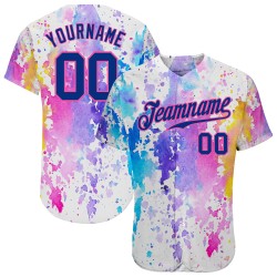 Benutzerdefiniertes weißes Royal-Pink 3D-Muster-Design Aquarell Authentic Baseball Jersey