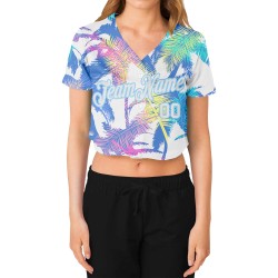 Weißes V-Ausschnitt Cropped 3D Bäume Palm Custom Weiß-Hellblau Hawaii Damen Baseball Jersey Weißes V-Ausschnitt Cropped 3D Bäume Palm Custom Weiß-Hellblau Hawaii Damen Baseball Jersey