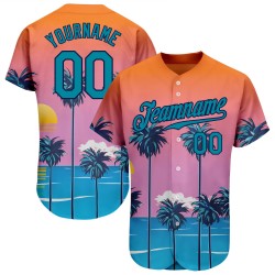Benutzerdefinierte Orange Teal-Navy 3D Muster Design Sonne Strand Hawaii Palmen Authentische Baseball Jersey