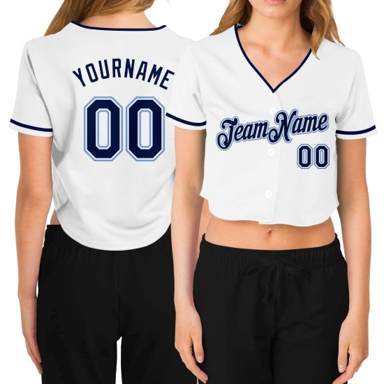 Cropped Jersey Navy-Light Damen Custom Blau Weiß Baseball V-Ausschnitt